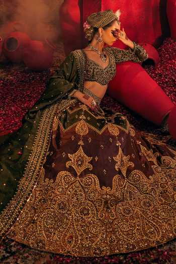 Payal & Zinal_Green Net, Satin, Linen, Tissue Sweetheart Akaar Chevron Embroidered Lehenga Set _at_Aza_Fashions
