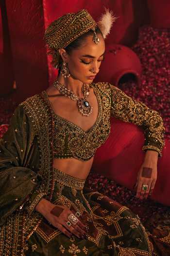 Shop_Payal & Zinal_Green Net, Satin, Linen, Tissue Sweetheart Akaar Chevron Embroidered Lehenga Set 