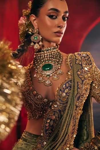 Buy_Payal & Zinal_Gold Silk, Chanderi Sweetheart Neck Shehzadi Paisley Embroidered Lehenga Set _Online_at_Aza_Fashions