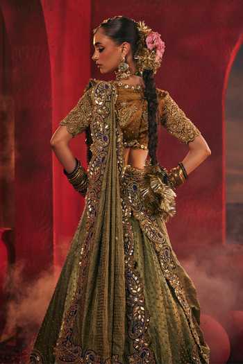 Shop_Payal & Zinal_Gold Silk, Chanderi Sweetheart Neck Shehzadi Paisley Embroidered Lehenga Set _Online_at_Aza_Fashions