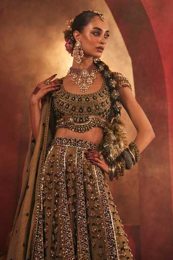Payal & Zinal_Green Tissue Round Neck Mastani Embroidered Lehenga Set _Online_at_Aza_Fashions