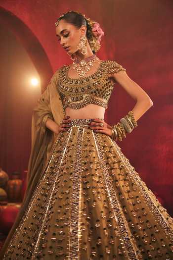 Shop_Payal & Zinal_Green Tissue Round Neck Mastani Embroidered Lehenga Set _Online_at_Aza_Fashions