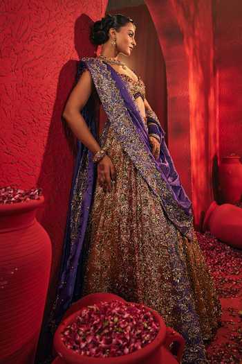 Payal & Zinal_Maroon Georgette, Organza, Satin Sweetheart Neck Shabnam Lehenga Set _Online_at_Aza_Fashions