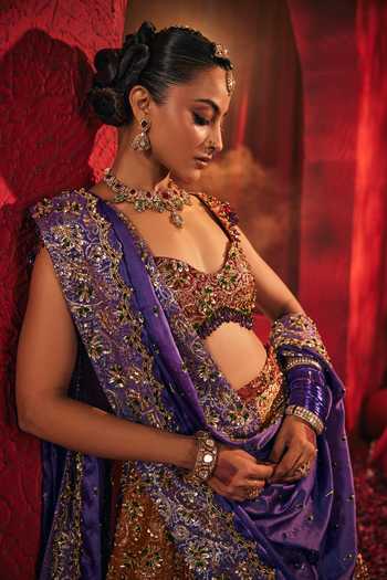 Buy_Payal & Zinal_Maroon Georgette, Organza, Satin Sweetheart Neck Shabnam Lehenga Set _Online_at_Aza_Fashions