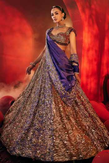 Shop_Payal & Zinal_Maroon Georgette, Organza, Satin Sweetheart Neck Shabnam Lehenga Set _Online_at_Aza_Fashions