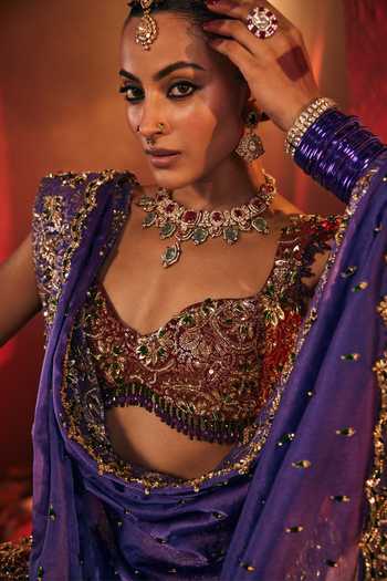 Payal & Zinal_Maroon Georgette, Organza, Satin Sweetheart Neck Shabnam Lehenga Set _at_Aza_Fashions