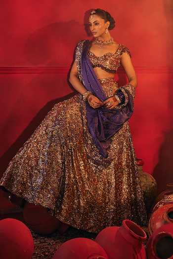 Buy_Payal & Zinal_Maroon Georgette, Organza, Satin Sweetheart Neck Shabnam Lehenga Set 