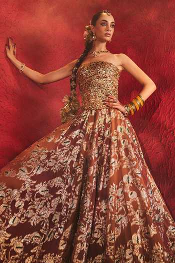Payal & Zinal_Brown Georgette, Brocade Sequins, Jodha Embroidered Corset And Lehenga Set _Online_at_Aza_Fashions