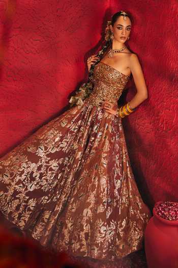 Buy_Payal & Zinal_Brown Georgette, Brocade Sequins, Jodha Embroidered Corset And Lehenga Set _Online_at_Aza_Fashions