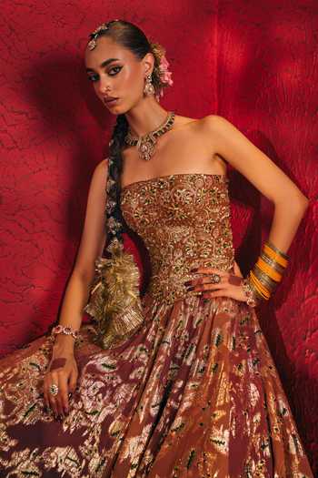 Shop_Payal & Zinal_Brown Georgette, Brocade Sequins, Jodha Embroidered Corset And Lehenga Set _Online_at_Aza_Fashions