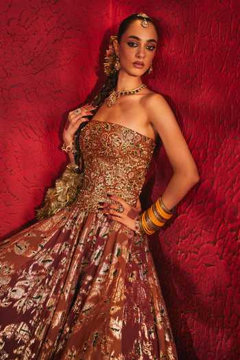 Payal & Zinal_Brown Georgette, Brocade Sequins, Jodha Embroidered Corset And Lehenga Set _at_Aza_Fashions
