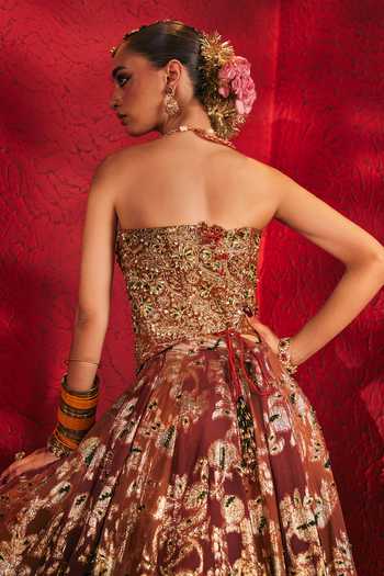 Buy_Payal & Zinal_Brown Georgette, Brocade Sequins, Jodha Embroidered Corset And Lehenga Set 