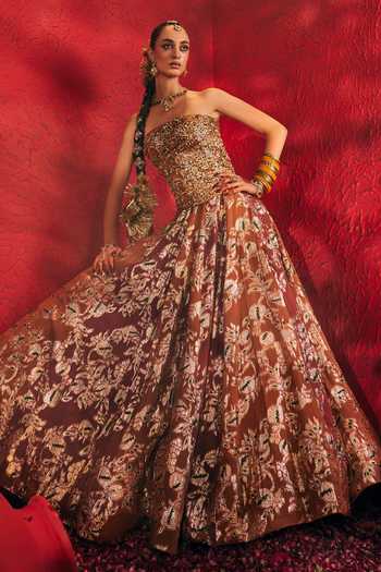 Shop_Payal & Zinal_Brown Georgette, Brocade Sequins, Jodha Embroidered Corset And Lehenga Set 