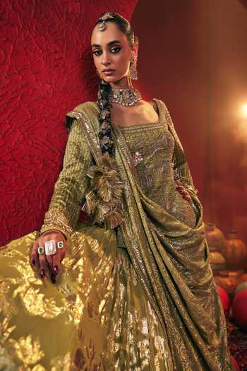 Shop Payal & Zinal Green Organza, Satin, Georgette, Brocade Soumya Floral Motif Kurta Lehenga Set Online at Aza Fashions Shop_Payal & Zinal_Green Organza, Satin, Georgette, Brocade Soumya Floral Motif Kurta Lehenga Set _Online_at_Aza_Fashions