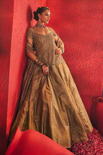 Payal & Zinal_Green Scoop Neck Deewani Block Print Lehenga Set _Online_at_Aza_Fashions