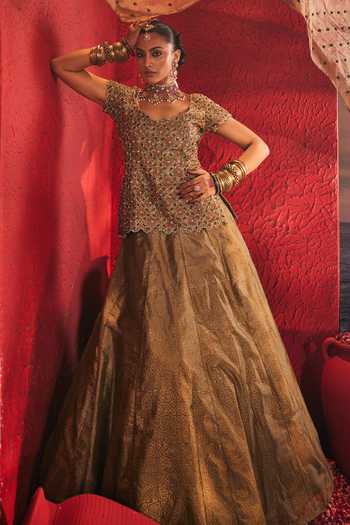 Shop_Payal & Zinal_Green Scoop Neck Deewani Block Print Lehenga Set _Online_at_Aza_Fashions