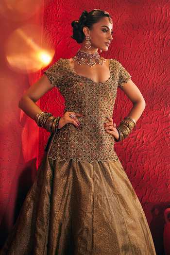 Payal & Zinal_Green Scoop Neck Deewani Block Print Lehenga Set _at_Aza_Fashions