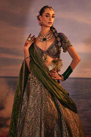 Payal & Zinal_Purple Velvet, Silk, Organza, Satin Mayuri Paisley Pattern Lehenga Set _Online_at_Aza_Fashions