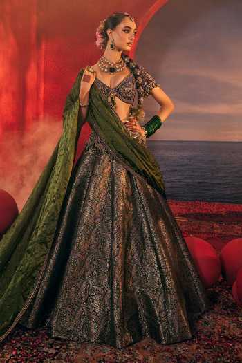 Buy_Payal & Zinal_Purple Velvet, Silk, Organza, Satin Mayuri Paisley Pattern Lehenga Set _Online_at_Aza_Fashions