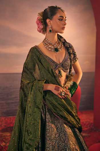 Shop_Payal & Zinal_Purple Velvet, Silk, Organza, Satin Mayuri Paisley Pattern Lehenga Set _Online_at_Aza_Fashions