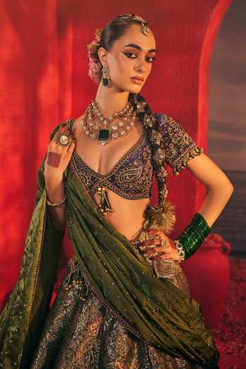 Payal & Zinal_Purple Velvet, Silk, Organza, Satin Mayuri Paisley Pattern Lehenga Set _at_Aza_Fashions
