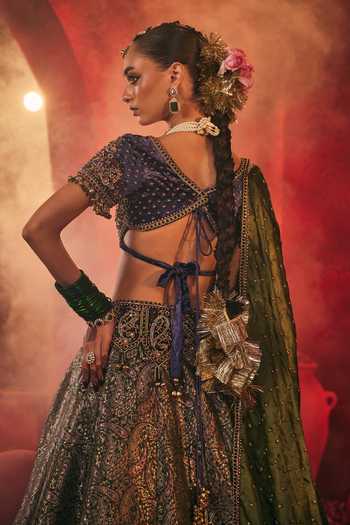 Buy_Payal & Zinal_Purple Velvet, Silk, Organza, Satin Mayuri Paisley Pattern Lehenga Set 