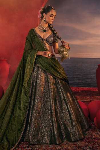 Shop_Payal & Zinal_Purple Velvet, Silk, Organza, Satin Mayuri Paisley Pattern Lehenga Set 