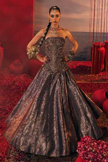 Shop Payal & Zinal Purple Silk Stones Sweetheart Neck Helena Woven Corset And Lehenga Set Online at Aza Fashions Shop_Payal & Zinal_Purple Silk Stones Sweetheart Neck Helena Woven Corset And Lehenga Set _Online_at_Aza_Fashions