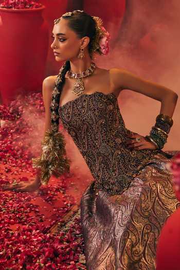 Buy Payal & Zinal Purple Silk Stones Sweetheart Neck Helena Woven Corset And Lehenga Set Buy_Payal & Zinal_Purple Silk Stones Sweetheart Neck Helena Woven Corset And Lehenga Set