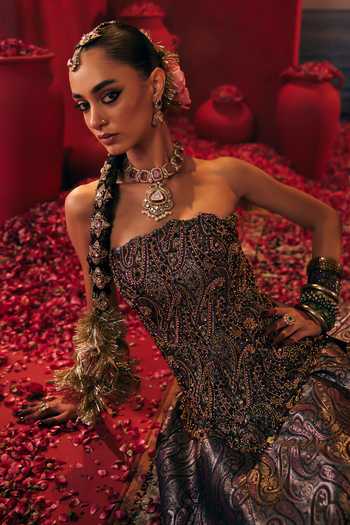 Shop Payal & Zinal Purple Silk Stones Sweetheart Neck Helena Woven Corset And Lehenga Set Shop_Payal & Zinal_Purple Silk Stones Sweetheart Neck Helena Woven Corset And Lehenga Set