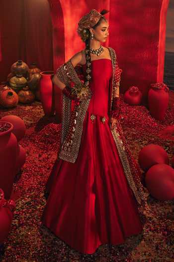 Payal & Zinal_Red Silk, Net, Velvet Embroidery Bandeau Neck Ananta Raw Corset Lehenga Set _Online_at_Aza_Fashions