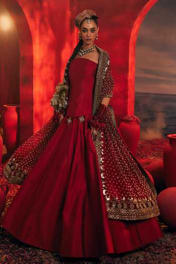 Buy_Payal & Zinal_Red Silk, Net, Velvet Embroidery Bandeau Neck Ananta Raw Corset Lehenga Set _Online_at_Aza_Fashions