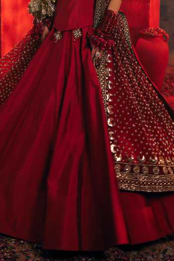 Shop_Payal & Zinal_Red Silk, Net, Velvet Embroidery Bandeau Neck Ananta Raw Corset Lehenga Set _Online_at_Aza_Fashions
