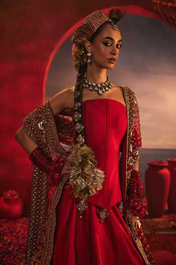 Shop_Payal & Zinal_Red Silk, Net, Velvet Embroidery Bandeau Neck Ananta Raw Corset Lehenga Set 