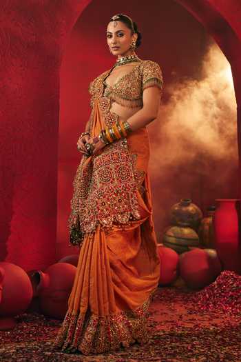 Payal & Zinal_Orange Silk, Chanderi V-neck Suraiya Embroidered Saree With Blouse _Online_at_Aza_Fashions