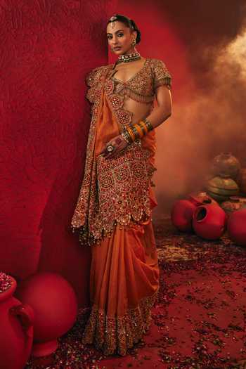 Buy_Payal & Zinal_Orange Silk, Chanderi V-neck Suraiya Embroidered Saree With Blouse _Online_at_Aza_Fashions