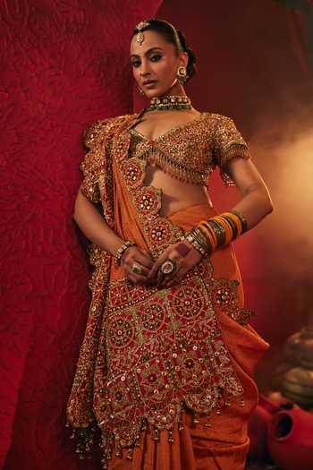 Shop_Payal & Zinal_Orange Silk, Chanderi V-neck Suraiya Embroidered Saree With Blouse _Online_at_Aza_Fashions