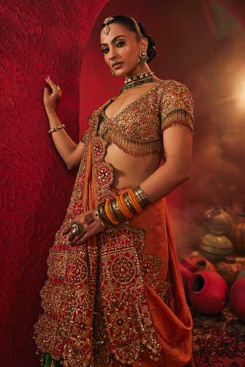 Payal & Zinal_Orange Silk, Chanderi V-neck Suraiya Embroidered Saree With Blouse _at_Aza_Fashions