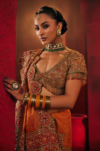 Shop_Payal & Zinal_Orange Silk, Chanderi V-neck Suraiya Embroidered Saree With Blouse 