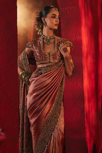 Payal & Zinal_Pink Silk Scoop Neck Annika Border Embroidered Saree With Blouse _Online_at_Aza_Fashions
