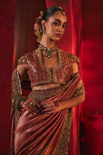 Buy_Payal & Zinal_Pink Silk Scoop Neck Annika Border Embroidered Saree With Blouse _Online_at_Aza_Fashions