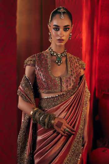 Shop_Payal & Zinal_Pink Silk Scoop Neck Annika Border Embroidered Saree With Blouse _Online_at_Aza_Fashions