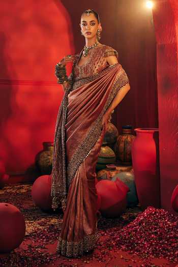 Payal & Zinal_Pink Silk Scoop Neck Annika Border Embroidered Saree With Blouse _at_Aza_Fashions