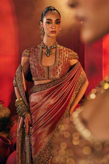 Shop_Payal & Zinal_Pink Silk Scoop Neck Annika Border Embroidered Saree With Blouse 