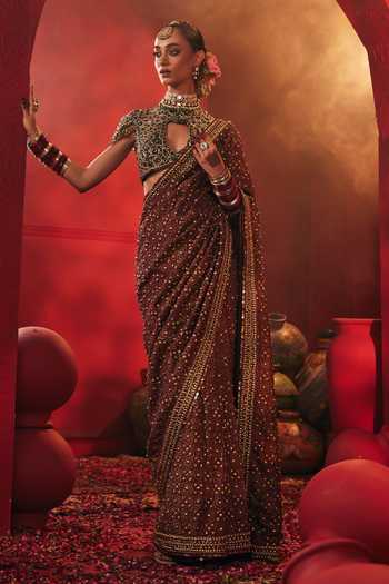 Payal & Zinal Green Tissue, Silk High Neck Ghera Embroidered Saree With Blouse Online at Aza Fashions Payal & Zinal_Green Tissue, Silk High Neck Ghera Embroidered Saree With Blouse _Online_at_Aza_Fashions