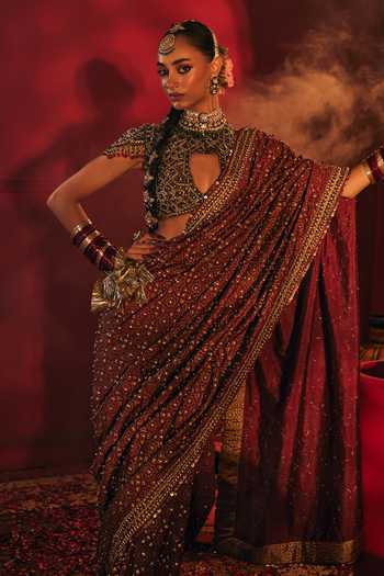 Buy Payal & Zinal Green Tissue, Silk High Neck Ghera Embroidered Saree With Blouse Online at Aza Fashions Buy_Payal & Zinal_Green Tissue, Silk High Neck Ghera Embroidered Saree With Blouse _Online_at_Aza_Fashions