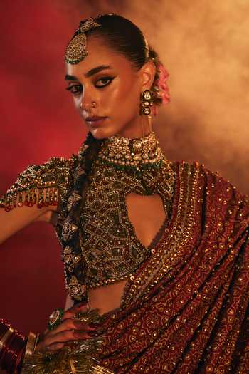 Shop Payal & Zinal Green Tissue, Silk High Neck Ghera Embroidered Saree With Blouse Online at Aza Fashions Shop_Payal & Zinal_Green Tissue, Silk High Neck Ghera Embroidered Saree With Blouse _Online_at_Aza_Fashions