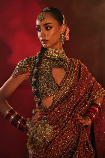 Payal & Zinal Green Tissue, Silk High Neck Ghera Embroidered Saree With Blouse at Aza Fashions Payal & Zinal_Green Tissue, Silk High Neck Ghera Embroidered Saree With Blouse _at_Aza_Fashions