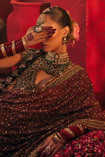 Buy Payal & Zinal Green Tissue, Silk High Neck Ghera Embroidered Saree With Blouse Buy_Payal & Zinal_Green Tissue, Silk High Neck Ghera Embroidered Saree With Blouse