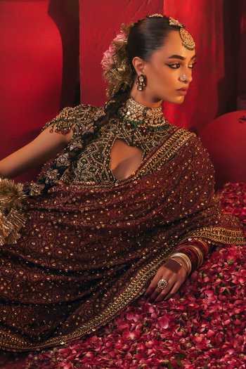 Shop Payal & Zinal Green Tissue, Silk High Neck Ghera Embroidered Saree With Blouse Shop_Payal & Zinal_Green Tissue, Silk High Neck Ghera Embroidered Saree With Blouse